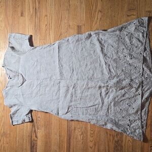 Rosemarine tan oatmeal 100% linen flower cutout rolled sleeve tunic midi dress